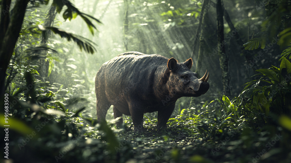 Fototapeta premium Prehistoric Rhino in the Rainforest