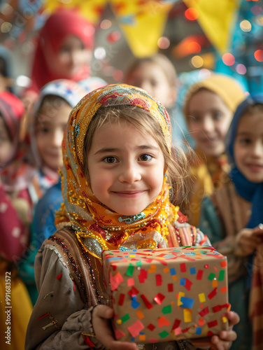 A cheerful girl wearing a Christmas hat joyfully smiles while surrounded by colorful presents and festive decorations, capturing the spirit of holiday celebration and childhood joy photo