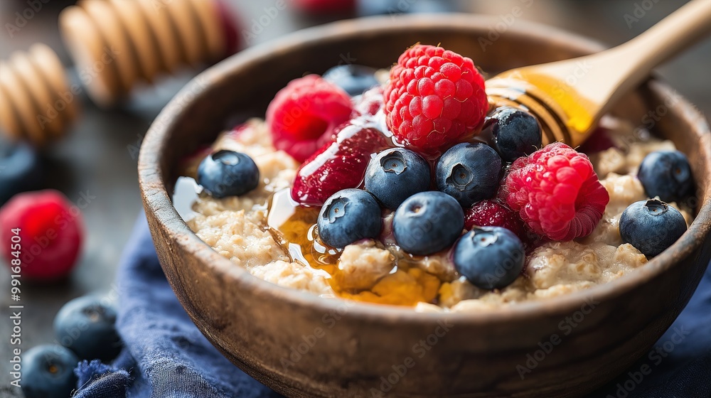 a cozy bowl of warm oatmeal topped with fresh raspberries, blueberries, and a drizzle of honey