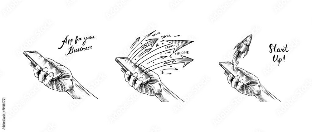 Fototapeta premium Hand holding mobile smartphone with launching rocket. logram of boosting arrows. Startup project, start new business. Help or financial support entrepreneur. Vector clipart illustration. Line sketch.