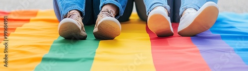 Joyful LGBTQ Marriage Proposal at Pride Picnic - Heartfelt Moment on Rainbow Blanket in Outdoor Setting Capturing Love and Emotional Surprise photo