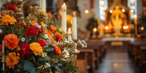 All Saints' Day floral arrangement with candles in church setting for honoring departed souls and celebrating sainthood
