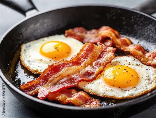 Delicious bacon and fried eggs served in a skillet, perfect for breakfast lovers seeking a hearty meal.