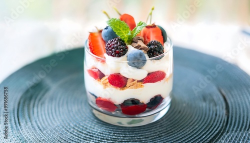 Fresh Berry Trifle in a Glass Bowl on a Table photo