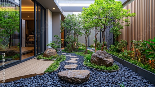 Modern zen garden with green plants and stones in a courtyard photo