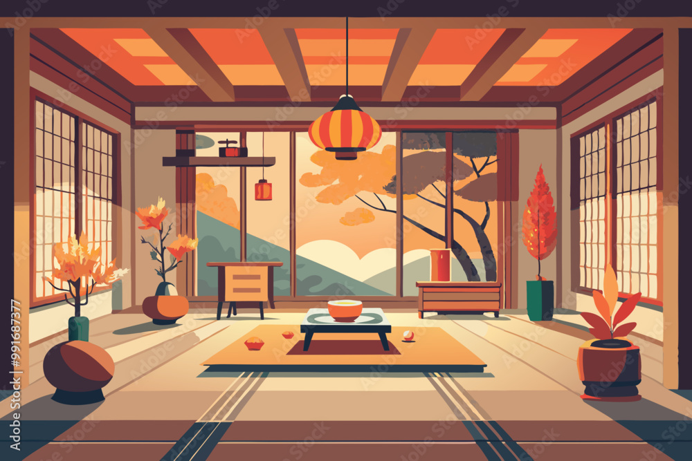 Fototapeta premium Tranquil Traditional Japanese Room with Autumn View