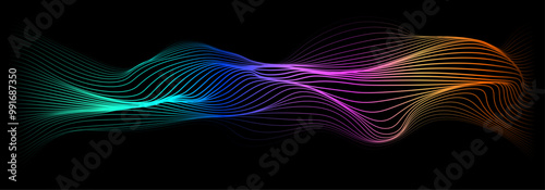Abstract flowing wavy lines on futuristic black background. Dynamic wave pattern in colorful gradient colors. Vector illustration 
