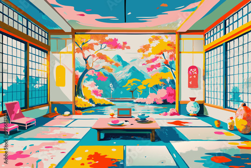 Colorful Japanese Interior with Traditional Tea Setup and Autumn View