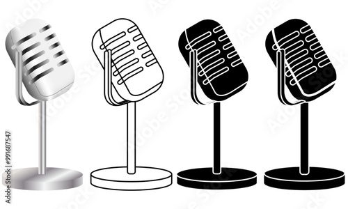 Set of old still microphones in a realistic gradient effect, Black and White, White and Black and Black and transparent stroke versions