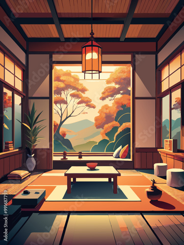 Serene Traditional Japanese Interior with a Scenic Autumn View