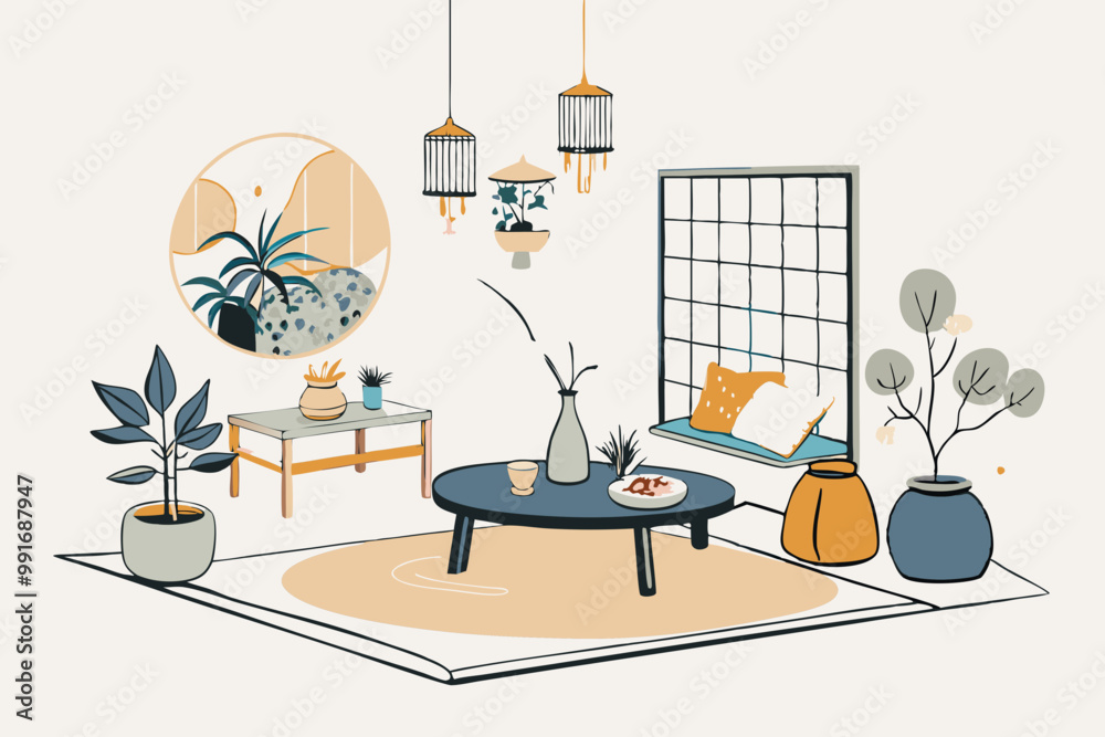 Fototapeta premium Tranquil Minimalist Living Room with Modern Decor and Plants