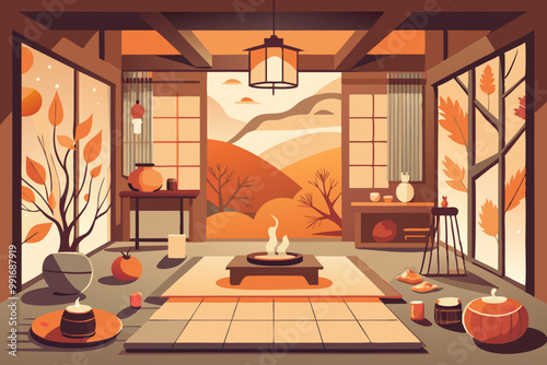 Cozy Autumn Interior with Warm Colors and Traditional Japanese Elements
