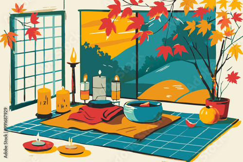 Cozy Autumn Evening Indoors with Warm Candles and Fall Foliage