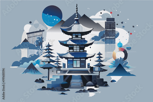 Mystical Japanese Pagoda Illustration Under Starry Sky