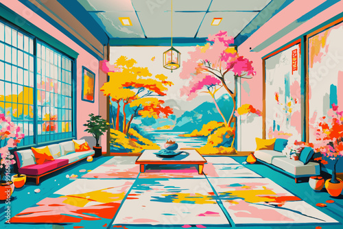 Vibrant Japanese Living Room with Traditional Aesthetic and Modern Twist