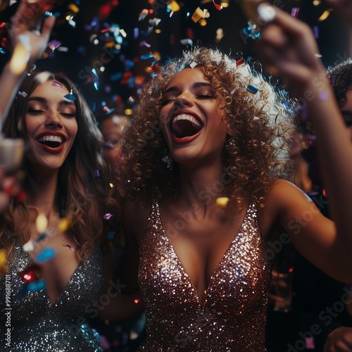 Girls in shiny dresses with sequins having fun at the party. New Year's party, confetti, fun, glitter. Glamorous style.