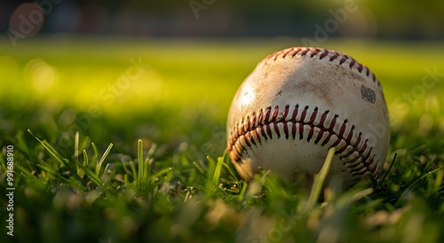 Close-up of a baseball on grass, with a stadium in the background.