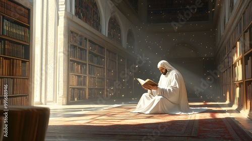 3. A serene Islamic scholar reading the Quran in a sunlit library photo