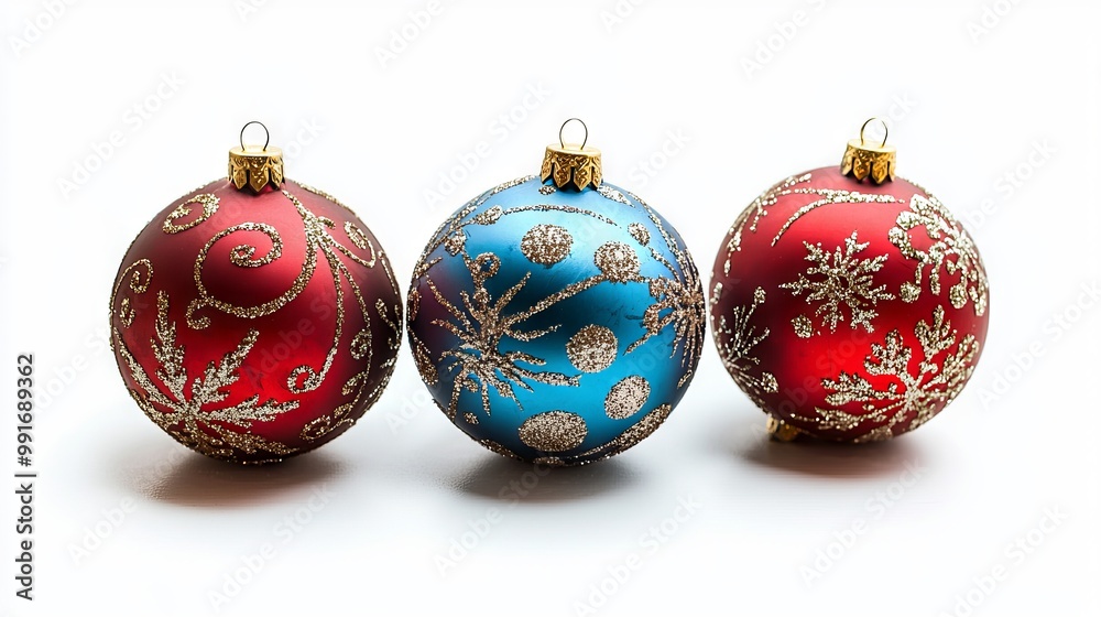 Three decorative Christmas baubles in red and blue isolated on a white background Three decorative Christmas baubles in red and blue isolated on a white background