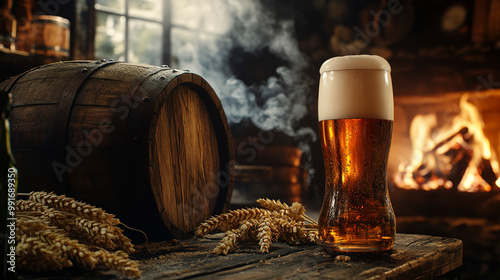 composition of beer, hop plant, and wooden barrels in an old pub with smoke