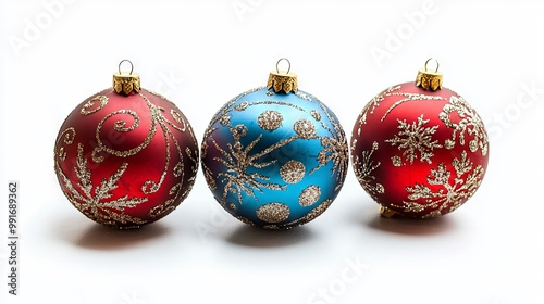 Three decorative Christmas baubles in red and blue isolated on a white background