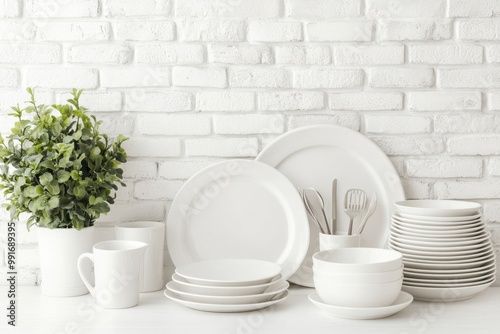 White Dishes on White Brick Wall photo