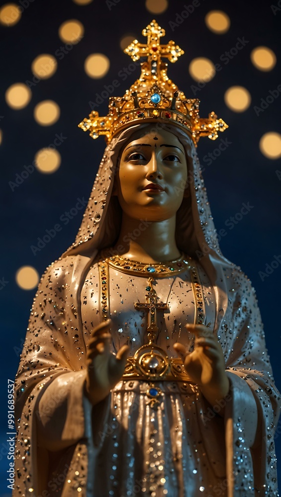 Glowing statue of Nossa Senhora Aparecida against bokeh.