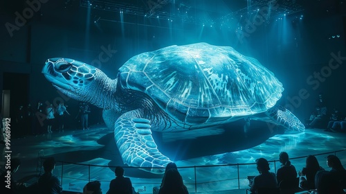 Visitors marvel at a lifelike holographic sea turtle, emphasizing ocean conservation efforts in an engaging exhibition space filled with interactive displays photo