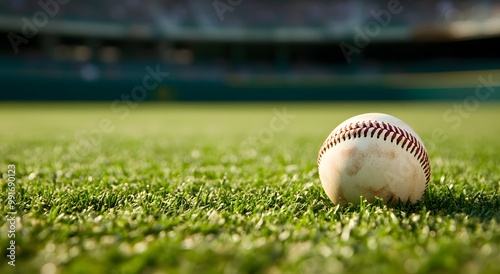 Close-up of a baseball on grass, with a stadium in the background. photo