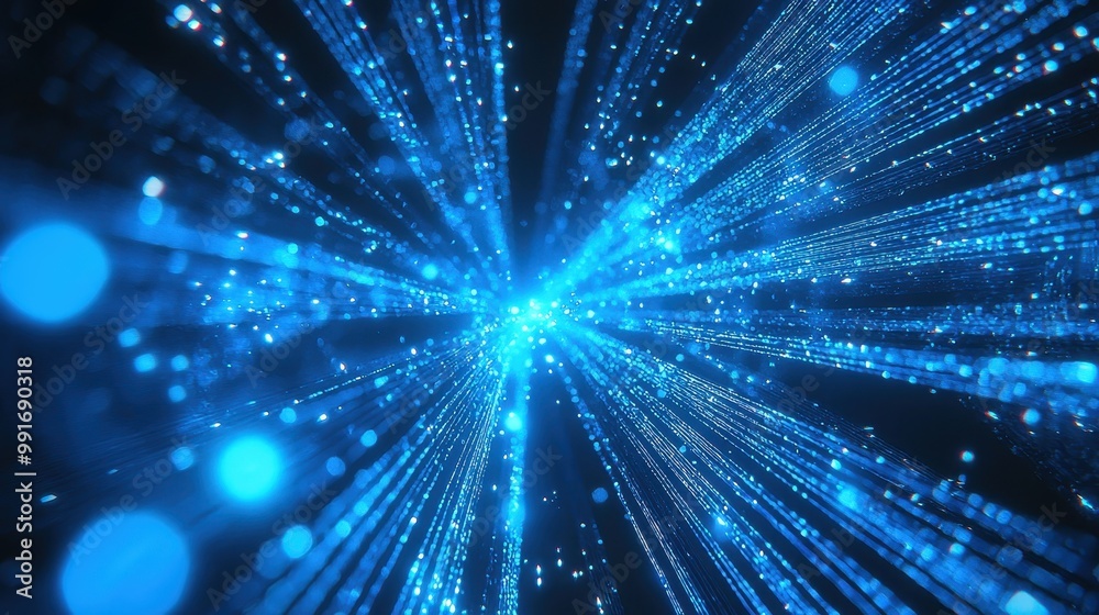 Naklejka premium Intersecting blue light beams on a holographic backdrop, representing the intersection of modern technology and futuristic concepts.