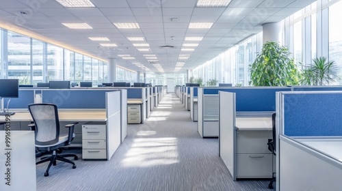 Empty modern office space with cubicles and desks
