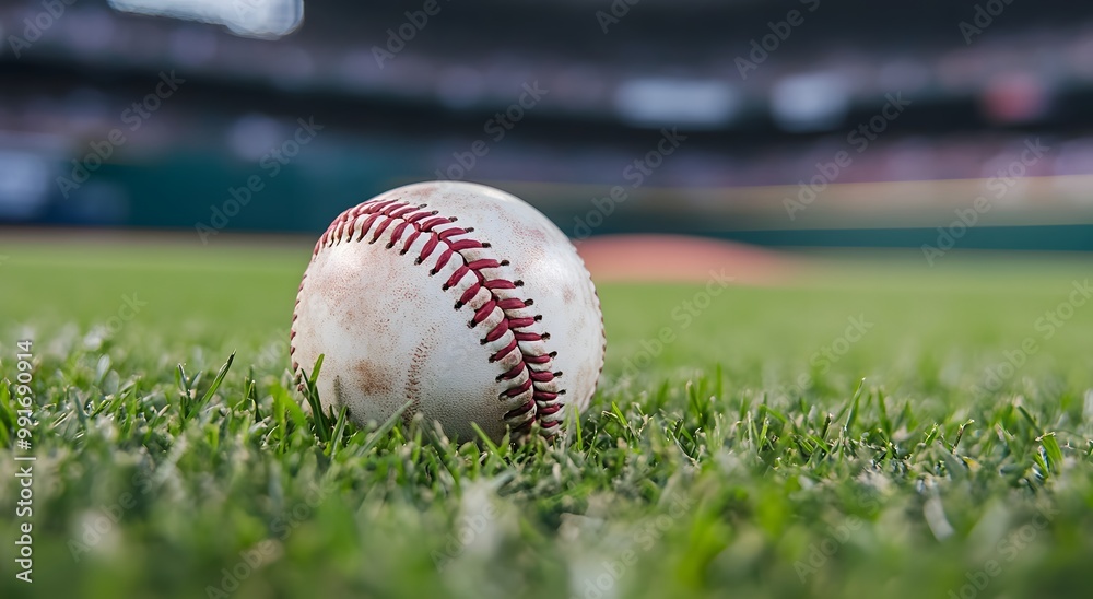 Close-up of a baseball on grass, with a stadium in the background. Close-up of a baseball on grass, with a stadium in the background.