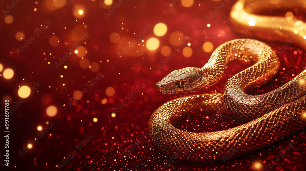 Coiled Red Snake with Shimmering Scales, Festive Red Background Coiled Red Snake with Shimmering Scales, Festive Red Background