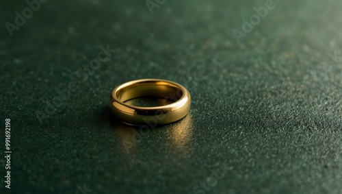 Golden ring on green surface with copy space.