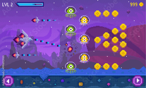 A spaceship fires at alien creatures and octagonal objects against a purple-hued space backdrop, indicating a level 2 game screen. Ideal for retro gaming, pixel art, space adventures, sci-fi themes