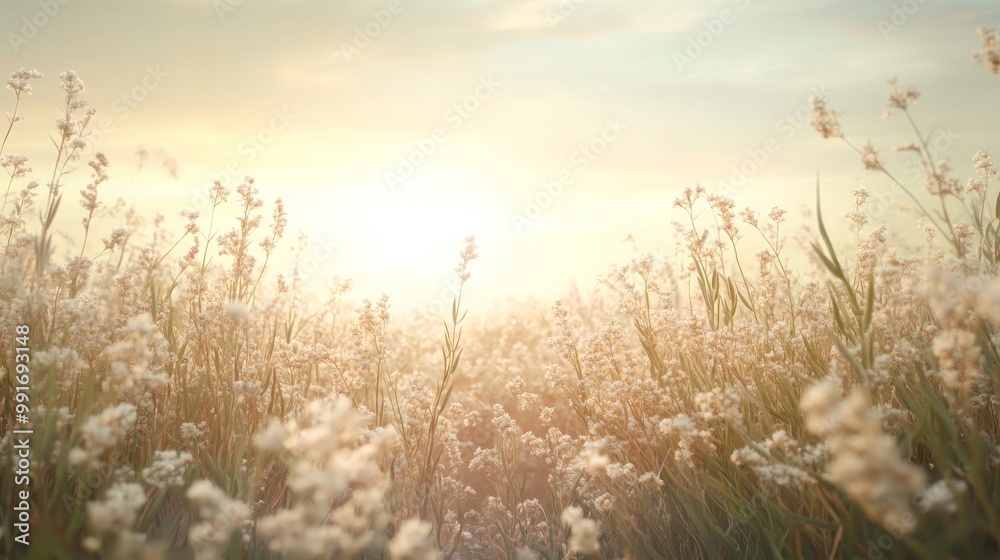 Fototapeta premium Serene Sunrise Over a Field of White Flowers
