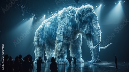 A massive holographic woolly mammoth looms over spectators, who marvel at its lifelike presence in a dimly lit exhibition space photo