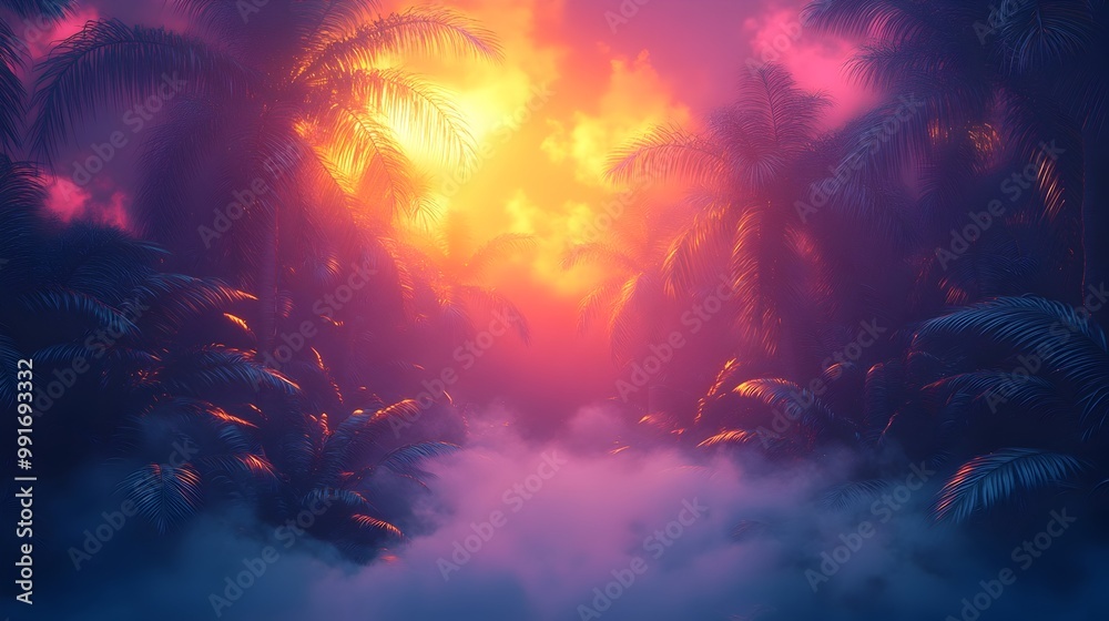 Neon Tropical Paradise:Mesmerizing Digital of Lush Jungle Scenery with Vibrant Lighting and Soft Reflections Neon Tropical Paradise:Mesmerizing Digital of Lush Jungle Scenery with Vibrant Lighting and Soft Reflections