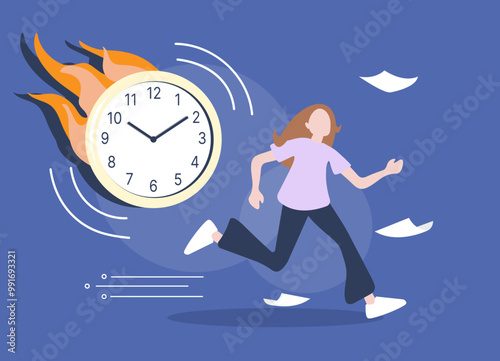 Deadline. The girl runs away from burning clock. Poor time management. Flat vector illustration.