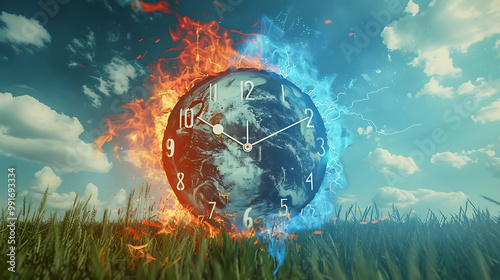 A striking clock framed by flames and water against a stormy backdrop