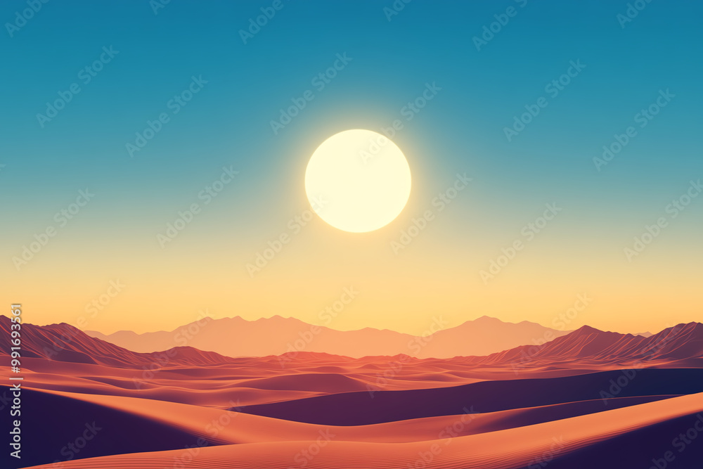 Render a vast desert landscape under the blazing sun, with rolling sand dunes and a single silhouette in the distance