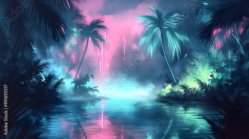 Neon-Lit Tropical Jungle with Glowing Vibrant Hues and Surreal Reflections in a Dreamscape Landscape