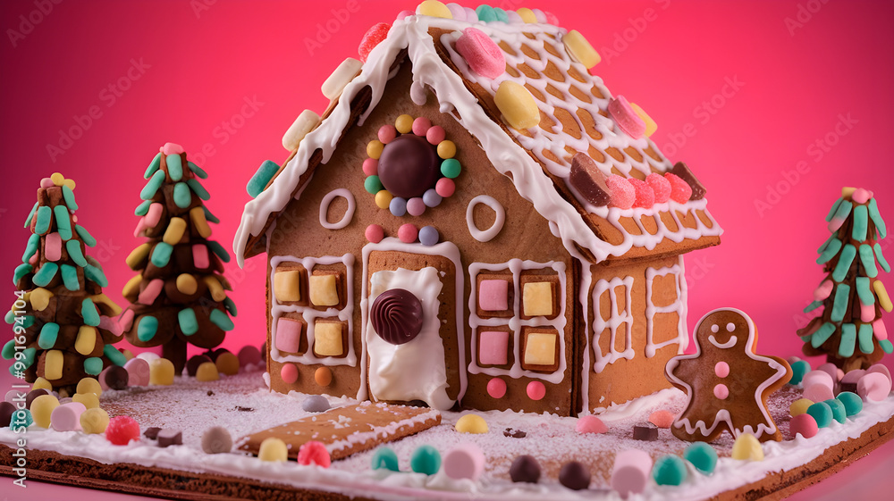A photo of a realistic gingerbread house. A gingerbread house is decorated with candies, chocolates, marshmallows, and other sweets. The ground is covered with icing sugar, creating a snowy effect. A photo of a realistic gingerbread house. A gingerbread house is decorated with candies, chocolates, marshmallows, and other sweets. The ground is covered with icing sugar, creating a snowy effect.