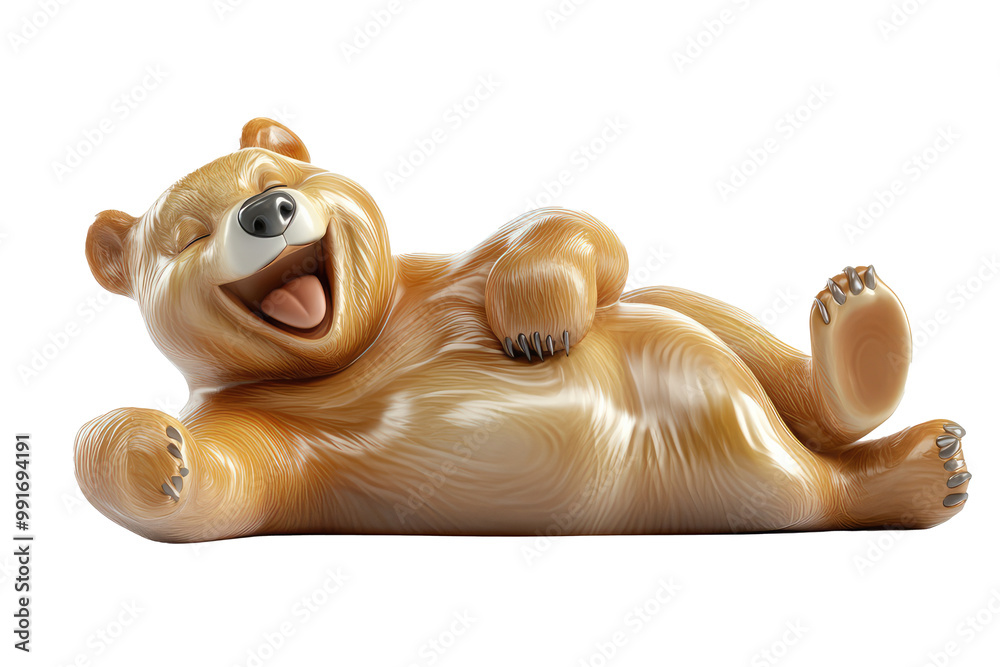 Naklejka premium A joyful cartoon bear character depicted laying down and laughing with its eyes closed, exuding a strong sense of happiness, relaxation, and playfulness.