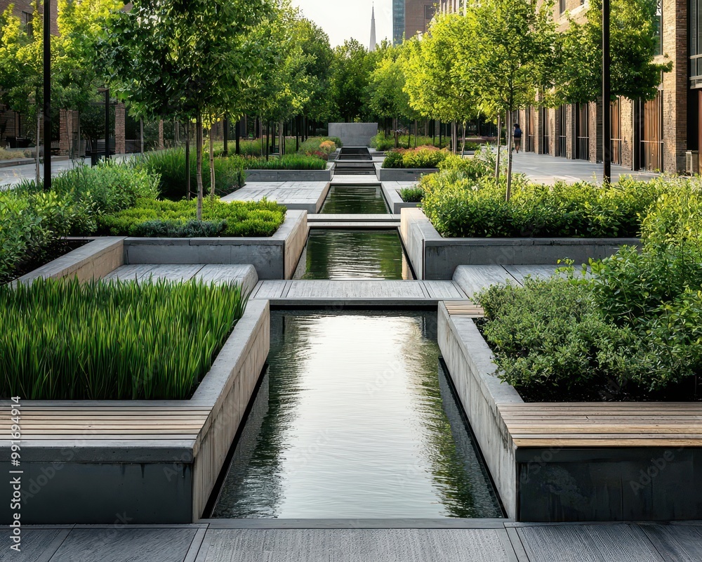 Water-efficient urban park with native plants, bioswales, and permeable ... - Water Efficient Urban Living