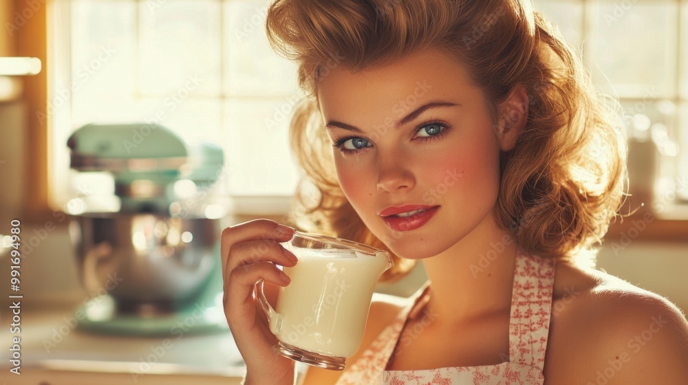Young beautiful woman is standing in the kitchen and hold milk glass. Pin up style.