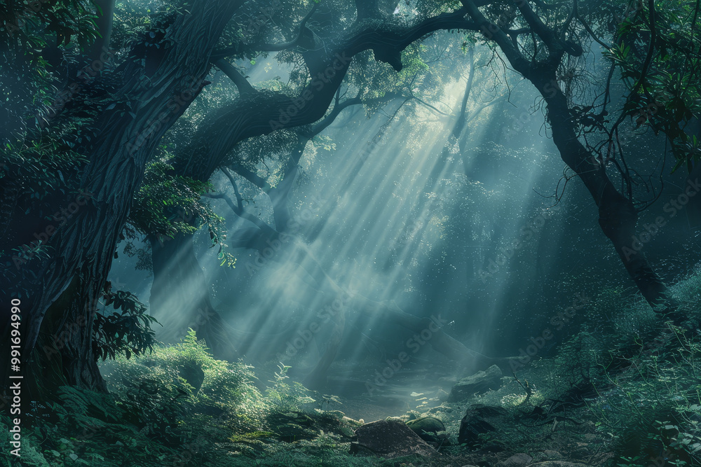 A forest with trees and sunlight shining through the leaves A forest with trees and sunlight shining through the leaves