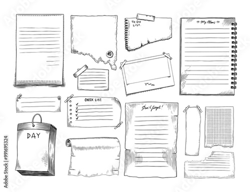 Paper notes for daily planner. Hand drawn bullet journal elements. Notebook sheets doodles. To do list, memo sheet stickers, blank vector set