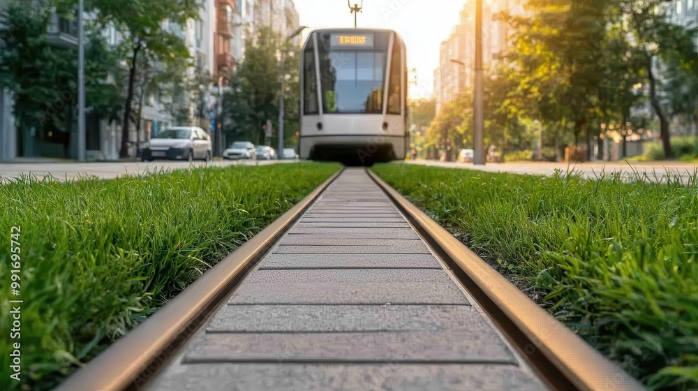 Fototapeta premium Sustainable urban boulevard with green tram lanes, solar lighting, and permeable paving, green boulevard, eco-mobility