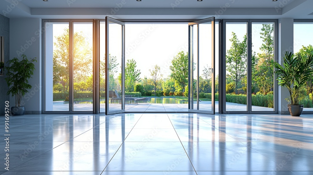 Fototapeta premium Modern office entrance with large glass doors open to a lush garden view